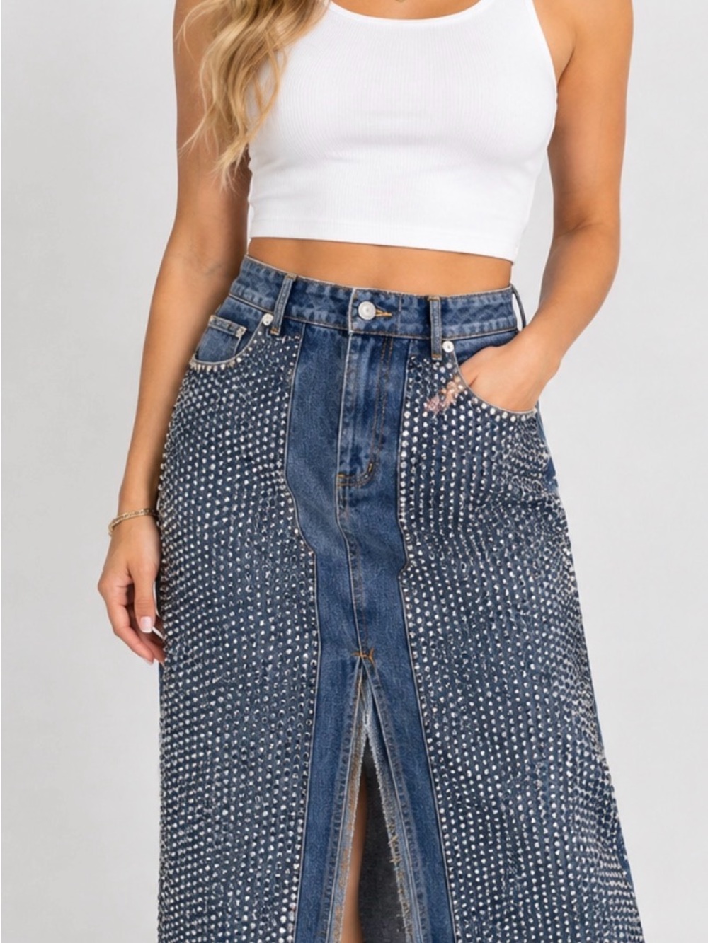 Blue B Rhinestone-Embellished Indigo Denim Maxi Skirt